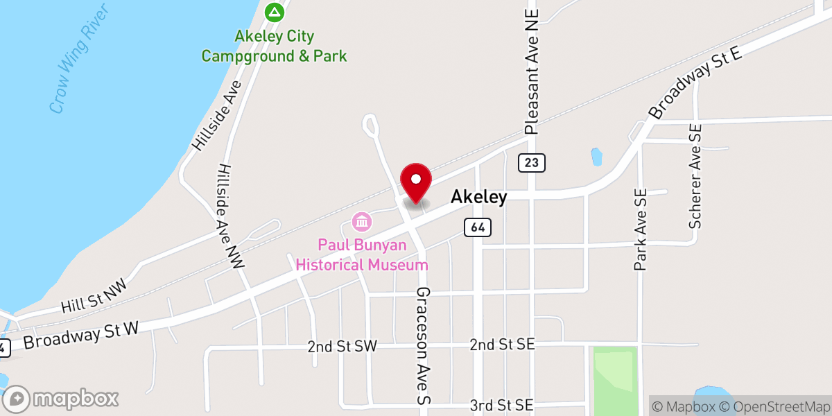 Map showing location of Akeley/Nevis Community Food Shelf - Food Distribution Center