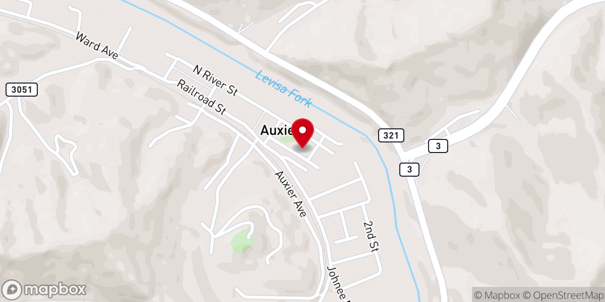 Map showing location of Auxier Freewill Baptist Church