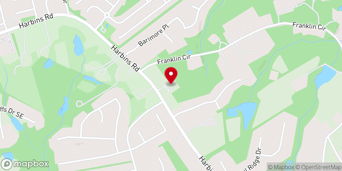 Map showing location of Harbins Community Baptist Church