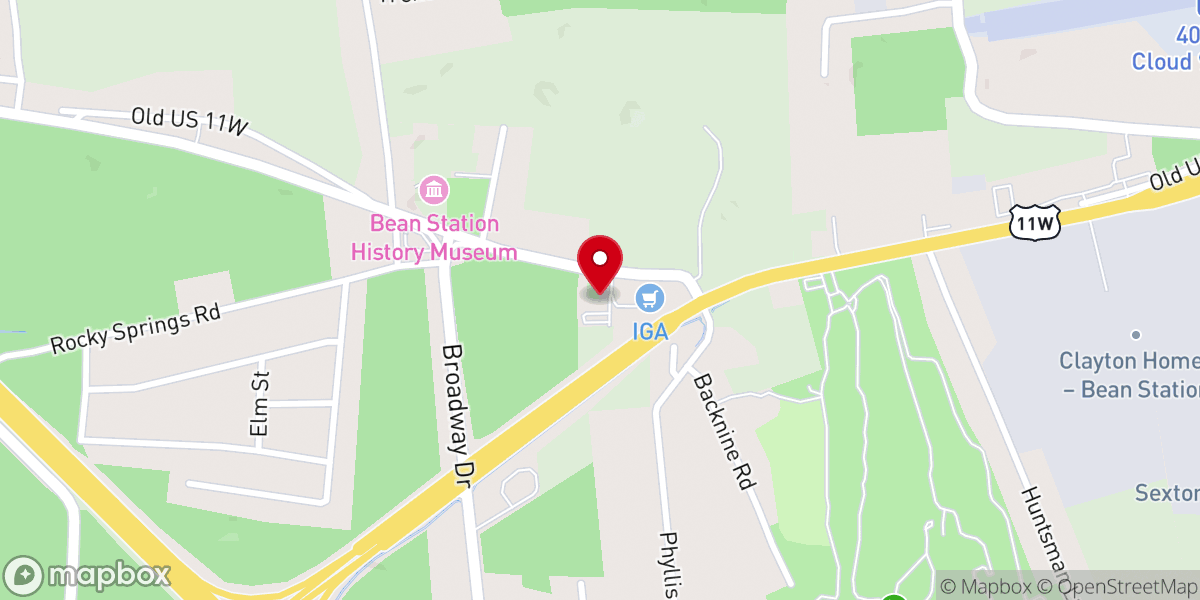 Map showing location of Central Church of Bean Station