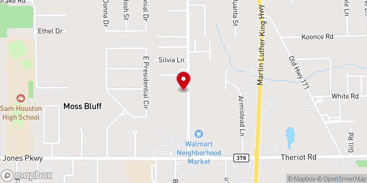 Map showing location of Moss Bluff Bible Church