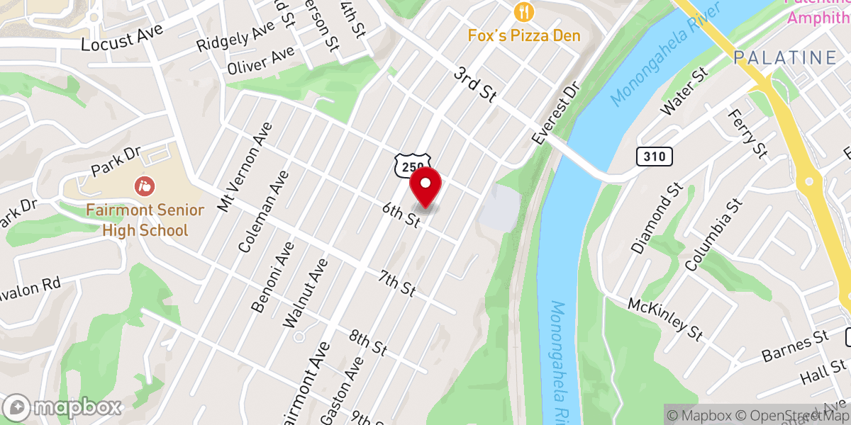 Map showing location of First Baptist Church of Fairmont