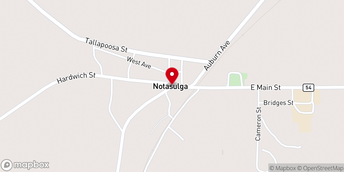 Map showing location of Notasulga Town Hall