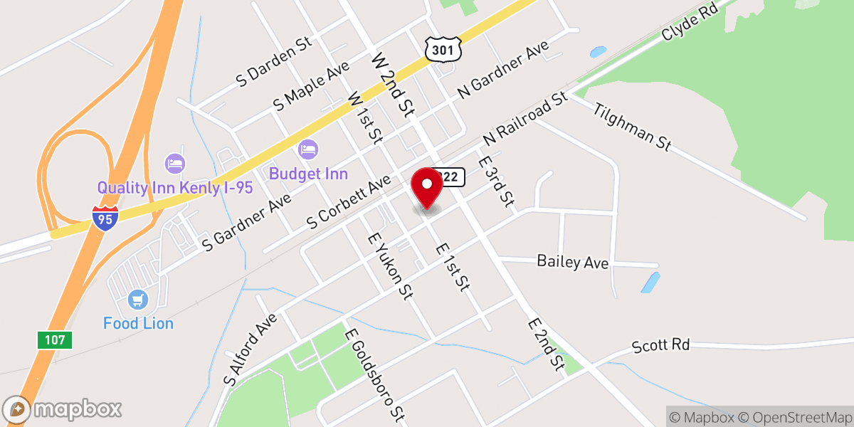 Map showing location of Kenly Presbyterian Church