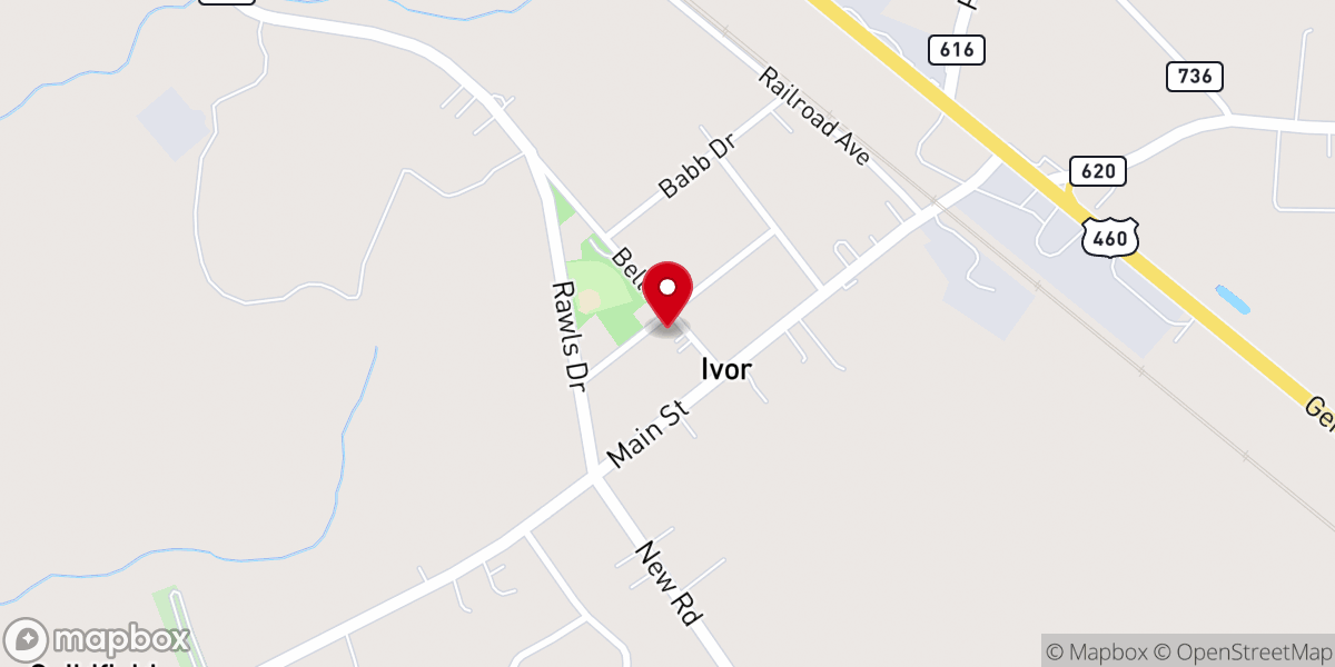 Map showing location of Ivor Baptist Church