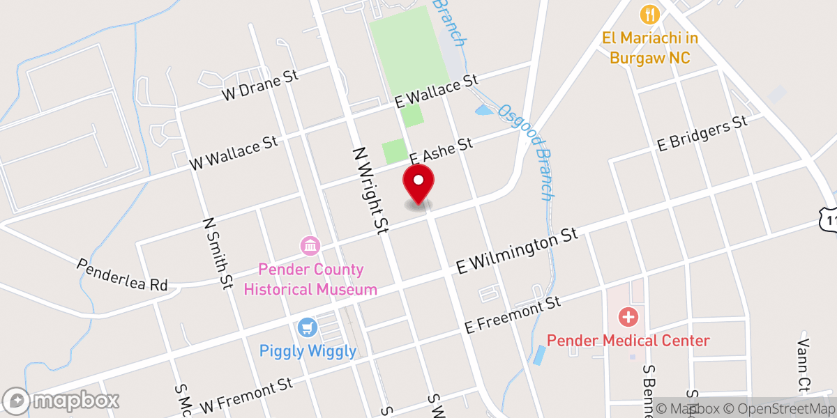 Map showing location of Burgaw Methodist Church
