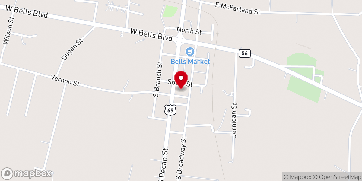 Map showing location of Bells United Methodist Church