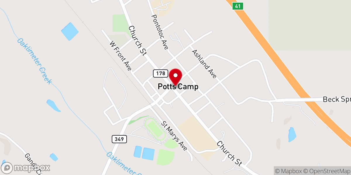 Map showing location of Potts Camp UMC