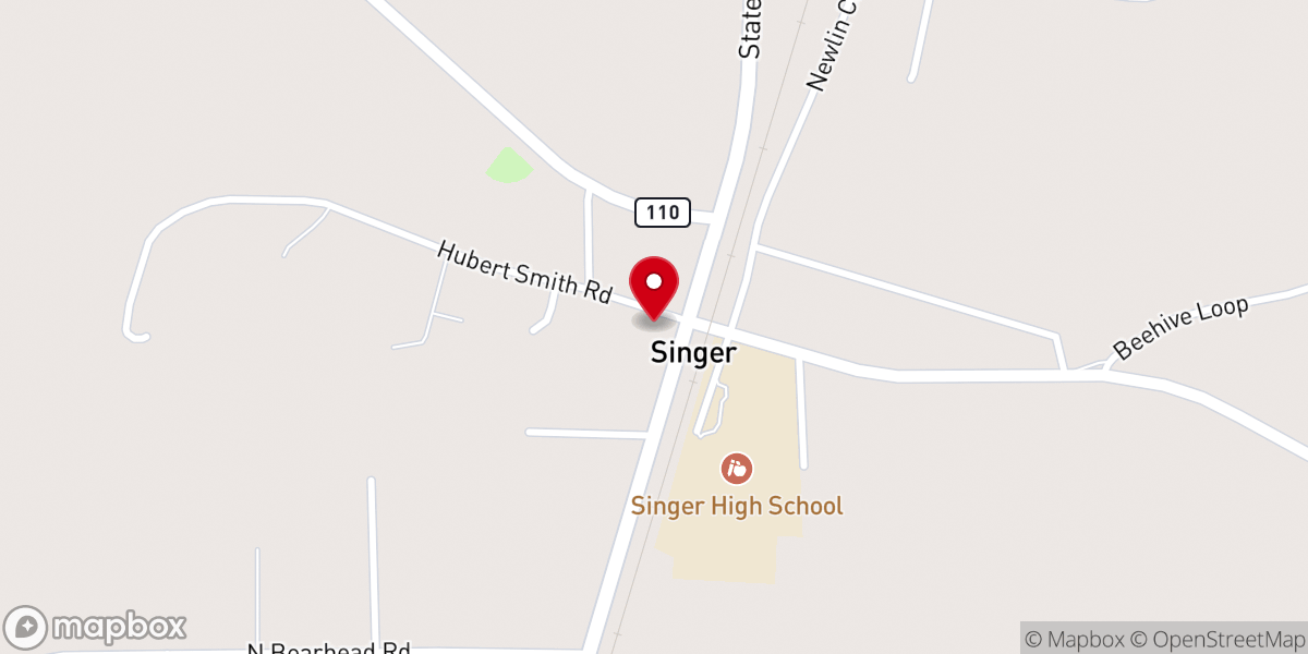 Map showing location of Singer Baptist Church