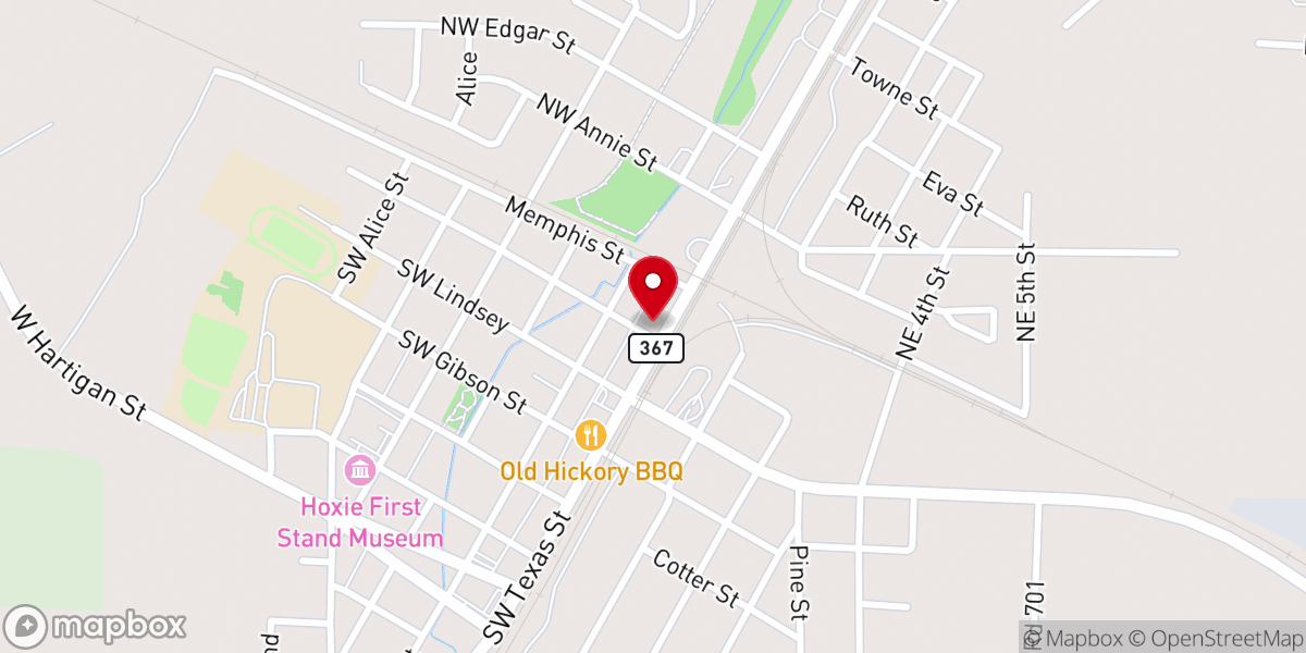 Map showing location of Hoxie City Hall