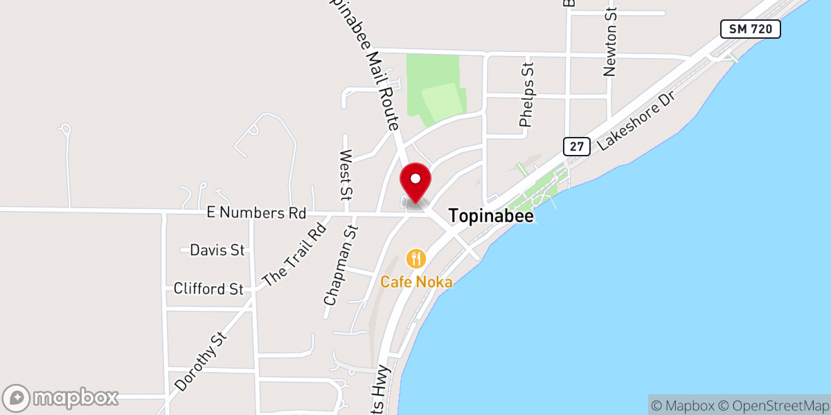 Map showing location of Topinabee Community Church