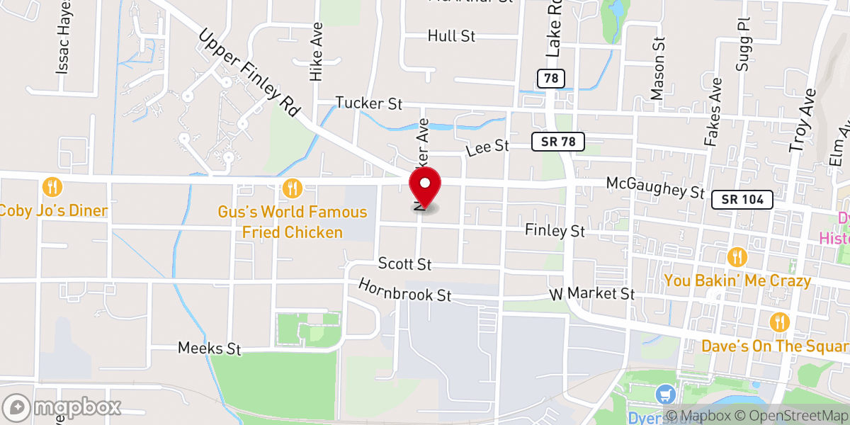 Map showing location of Dyersburg Christian Center