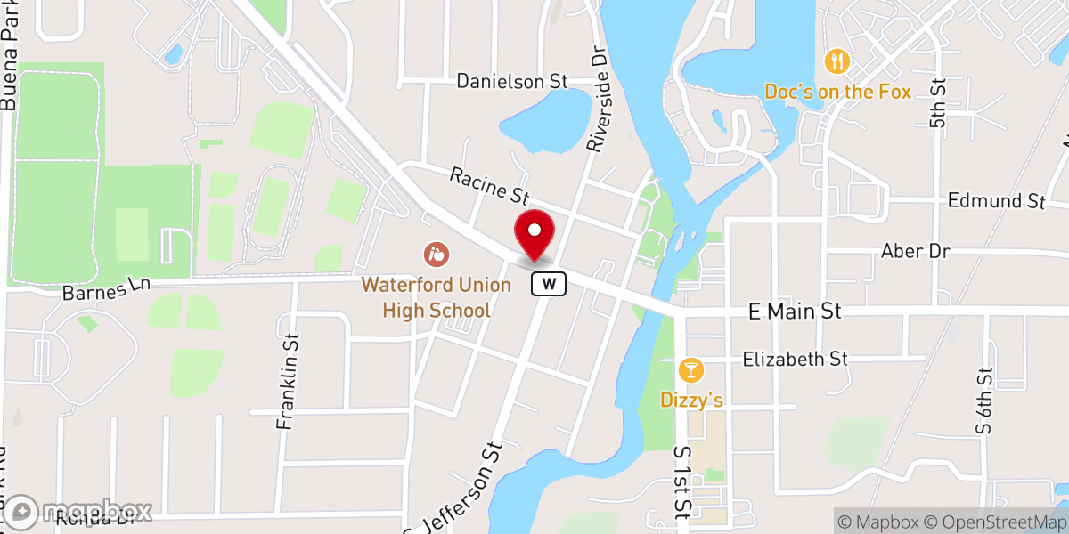 Map showing location of Community Church, Waterford 455 S. Jefferson St. Waterford, WI 53185