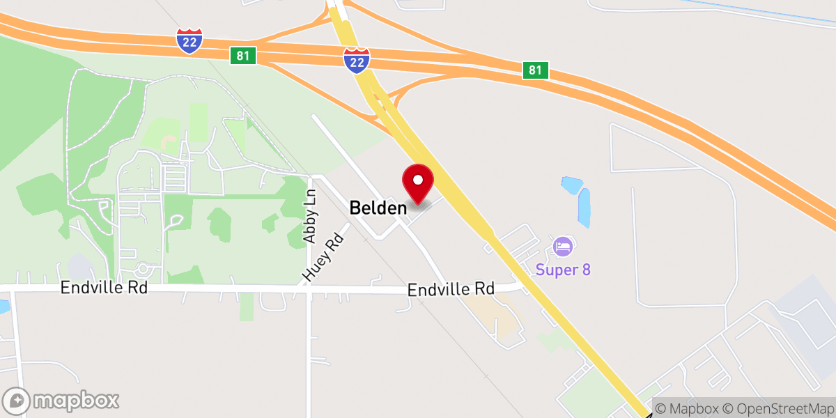 Map showing location of Belden Baptist Church