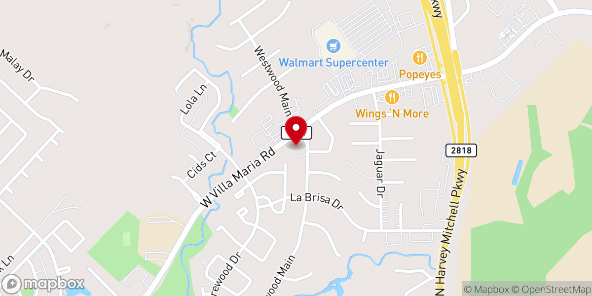 Map showing location of West Oaks Baptist Church