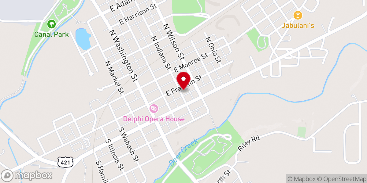 Map showing location of First Baptist Church of Delphi