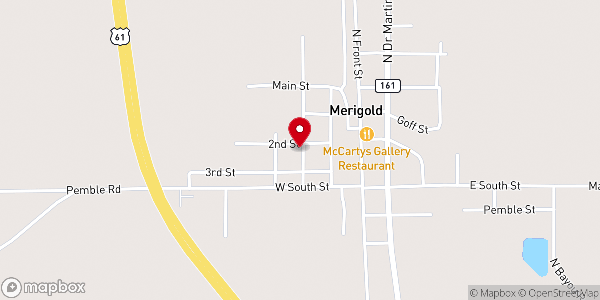 Map showing location of Merigold Baptist Church