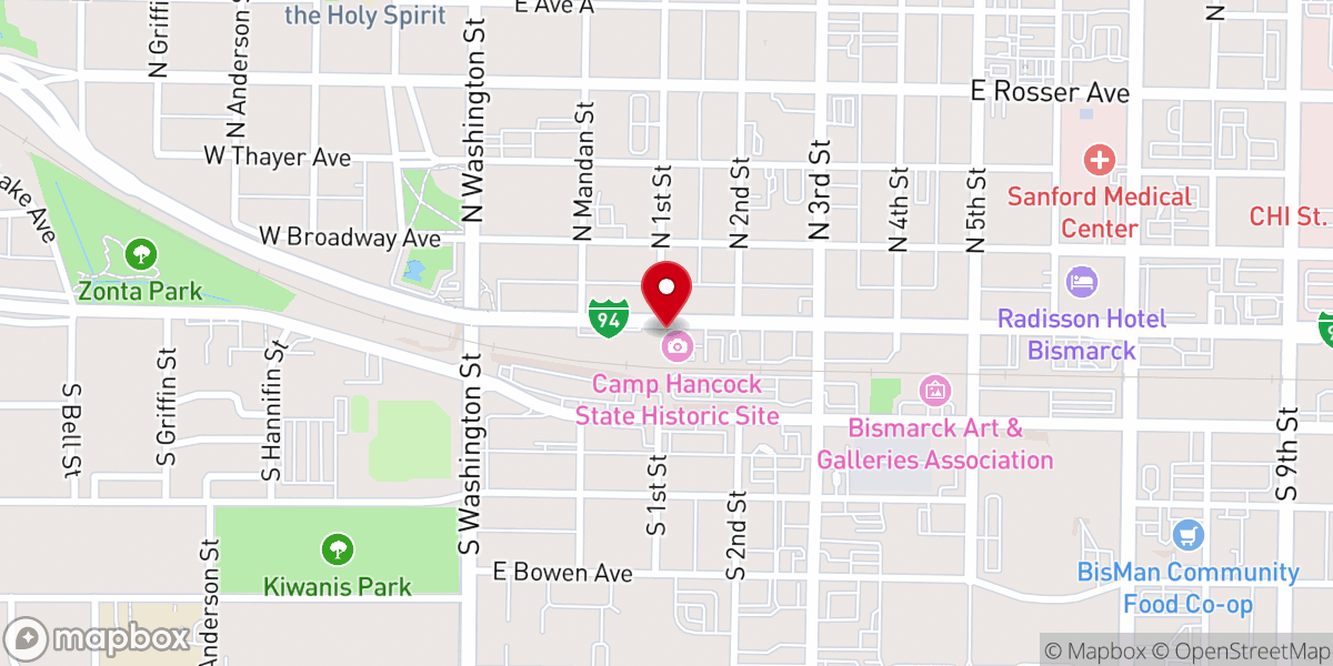 Map showing location of Camp Hancock State Historic Site