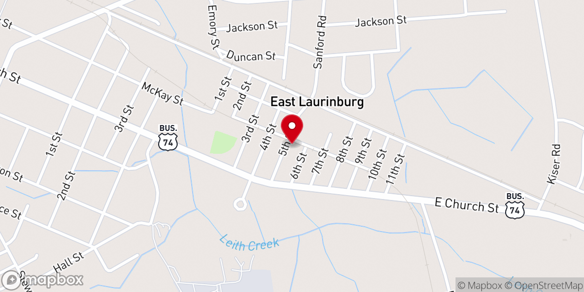 Map showing location of East Laurinburg Baptist Church