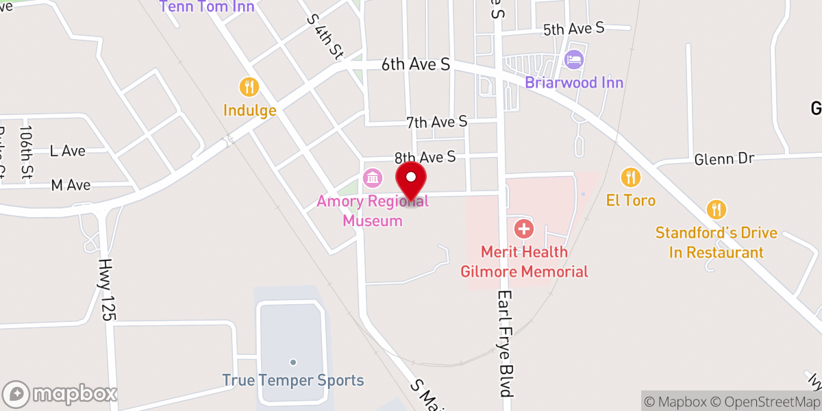 Map showing location of Amory Pentecostal Church