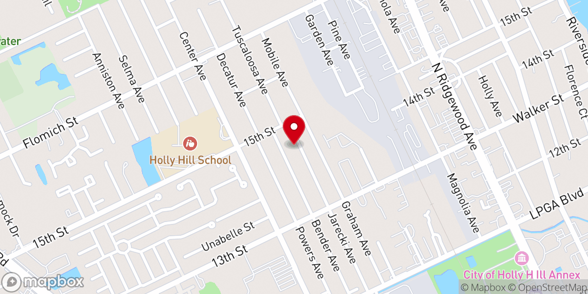 Map showing location of First Baptist Church in Holly Hill