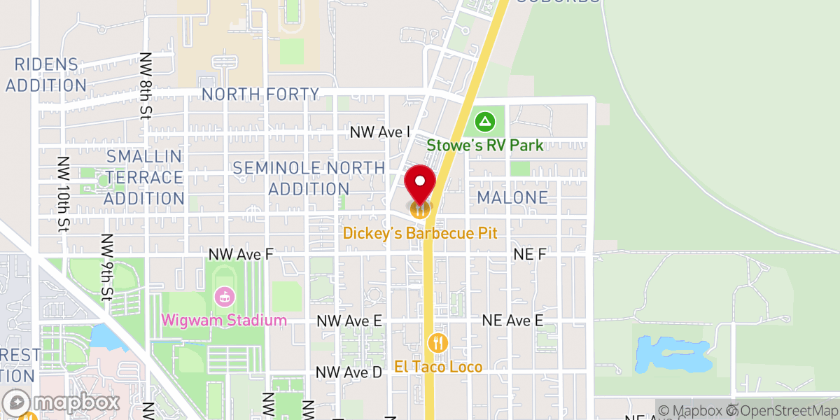 Map showing location of Dickey's Barbecue Pit