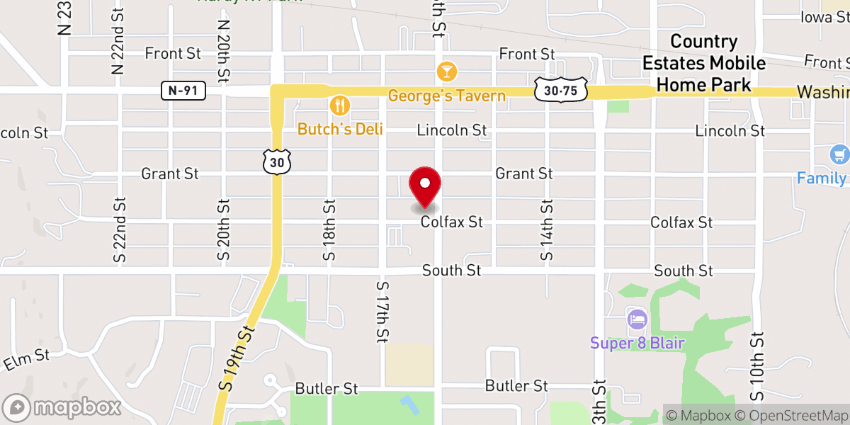 Map showing location of Blair Congregational Church