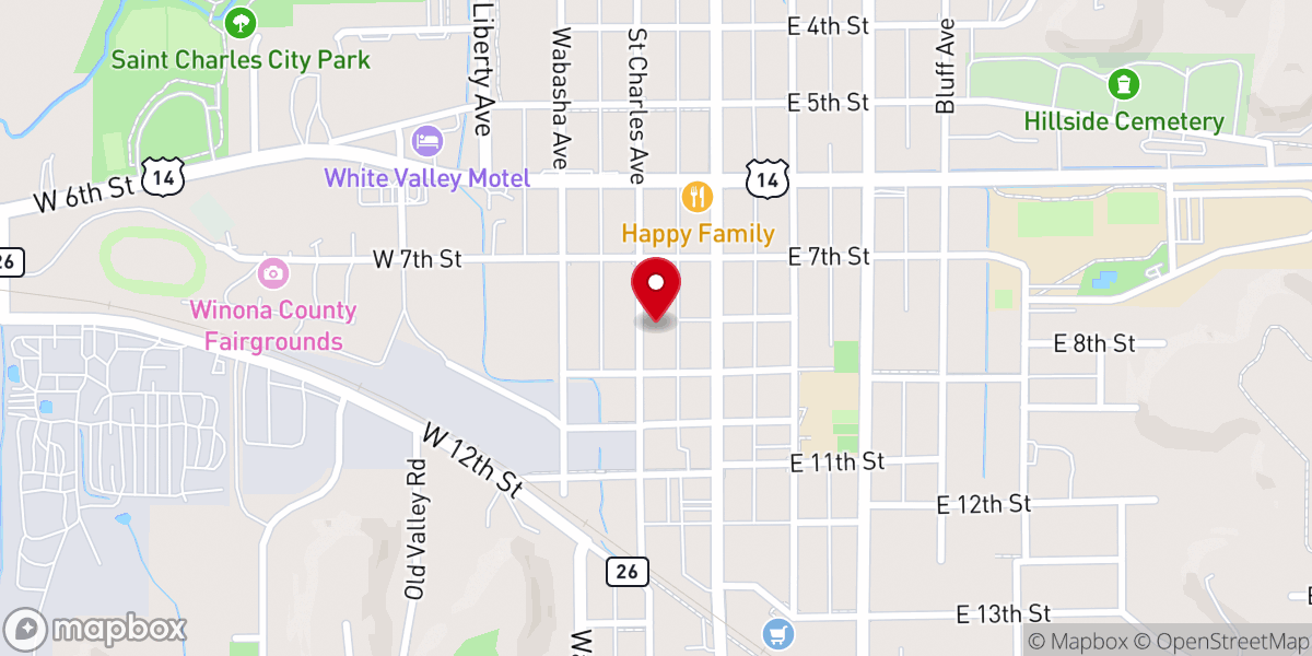 Map showing location of Trinity Episcopal Church (St. Charles, Minnesota)