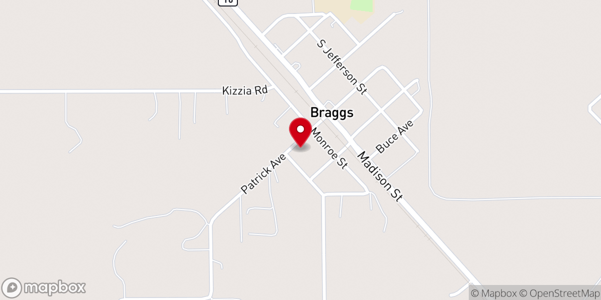 Map showing location of First Baptist Church of Braggs