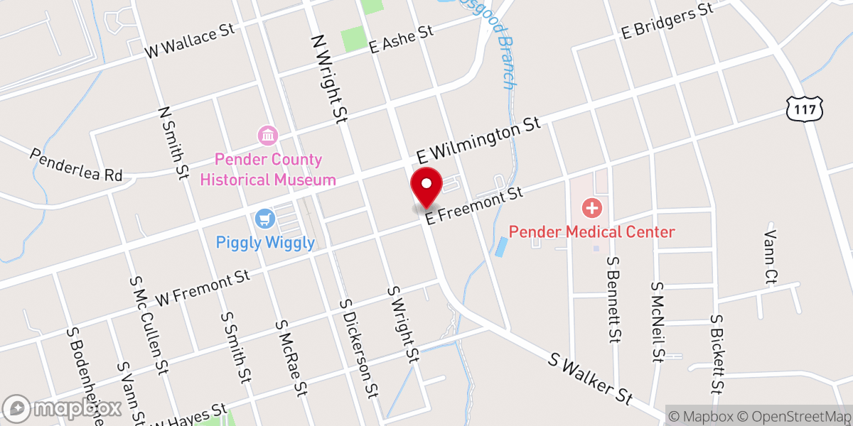Map showing location of Burgaw Presbyterian Church
