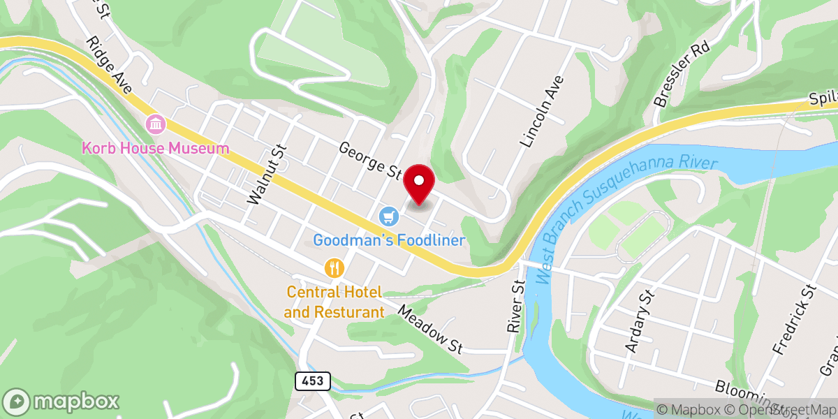 Map showing location of Curwensville Presbyterian Church
