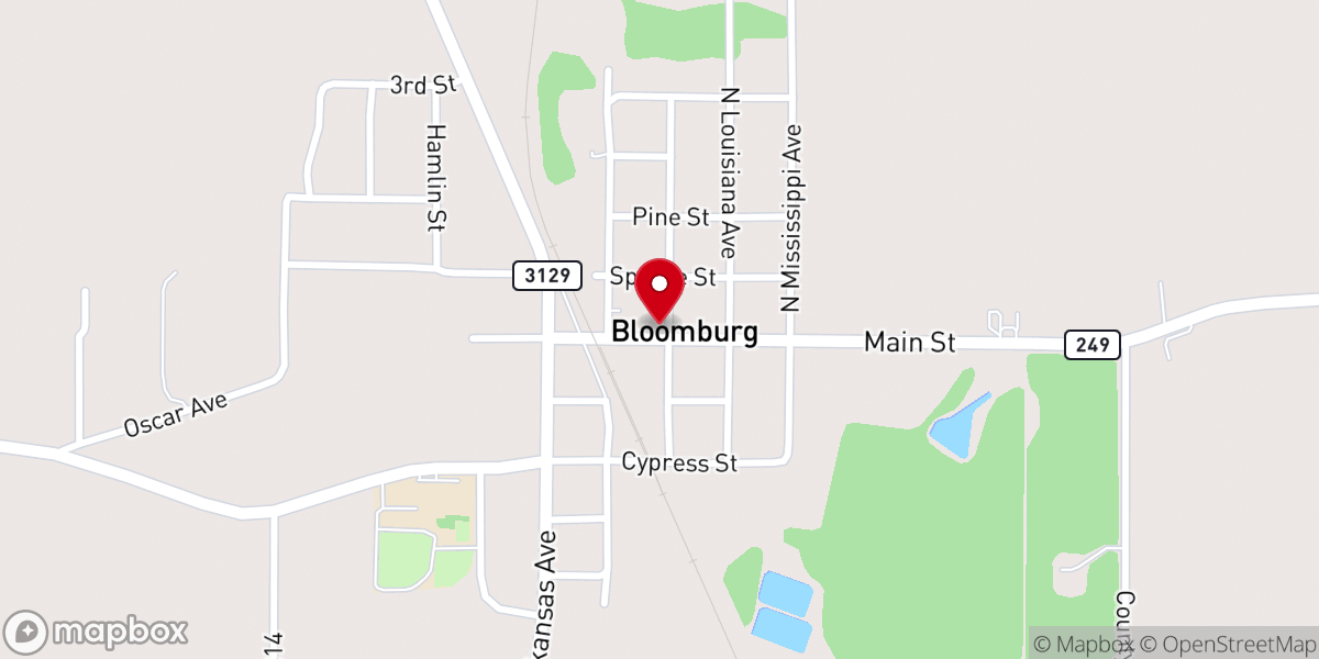 Map showing location of Bloomburg City Hall
