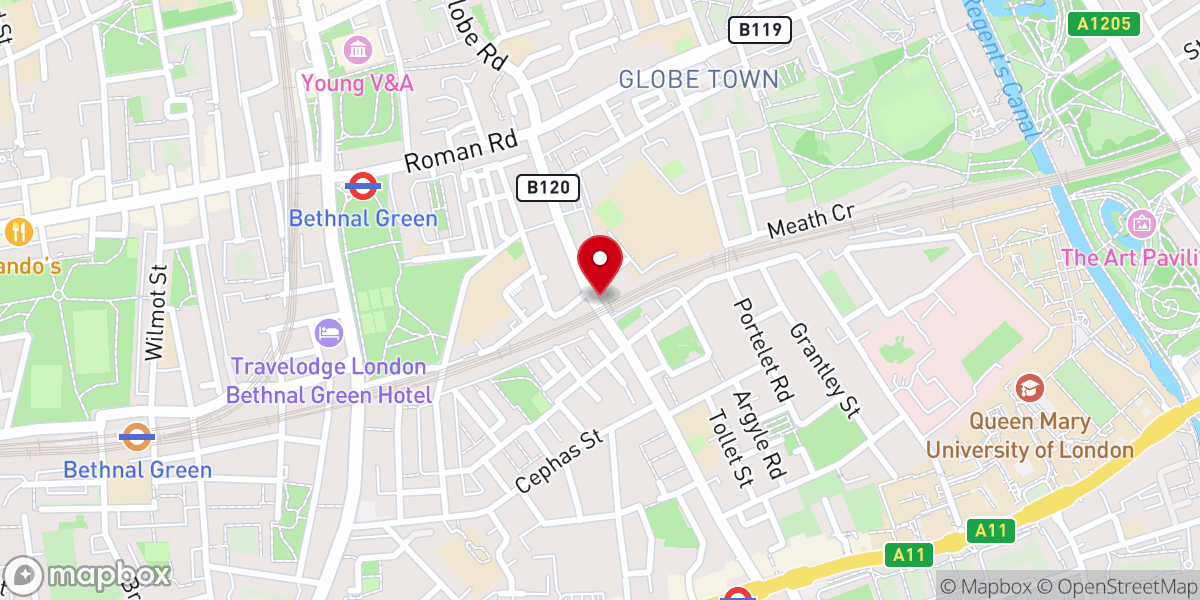 Map showing location of Victory Life Baptist Church, Bethnal Green