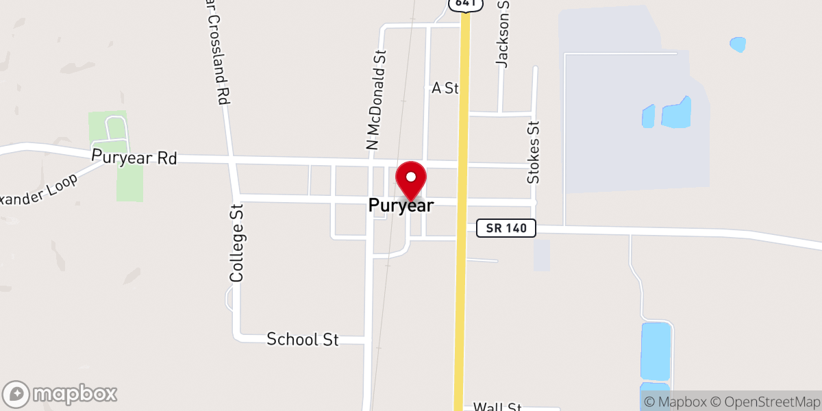 Map showing location of Puryear Community Center