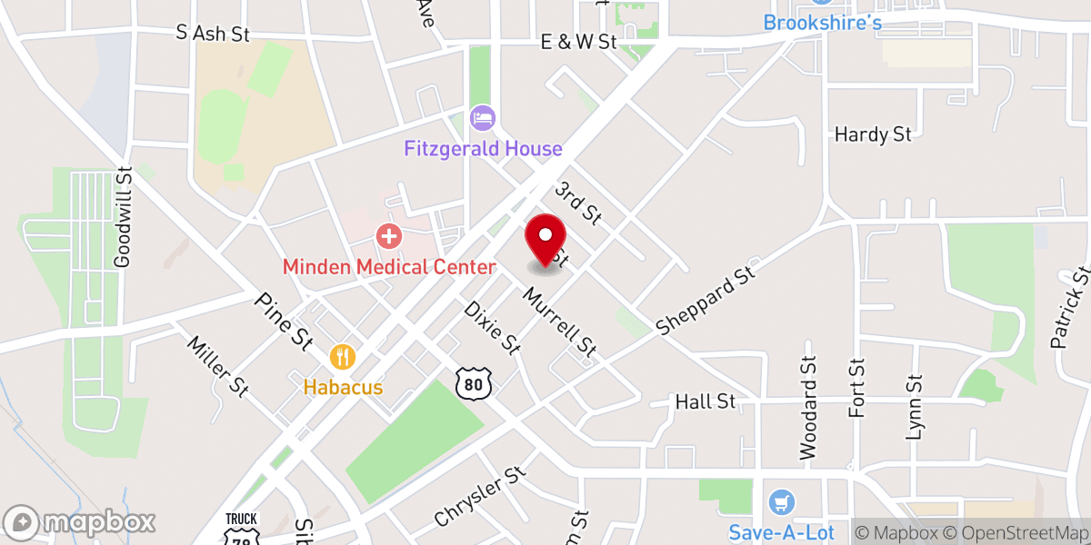 Map showing location of First Baptist Church of Minden