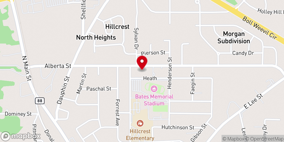 Map showing location of Hillcrest Baptist Church