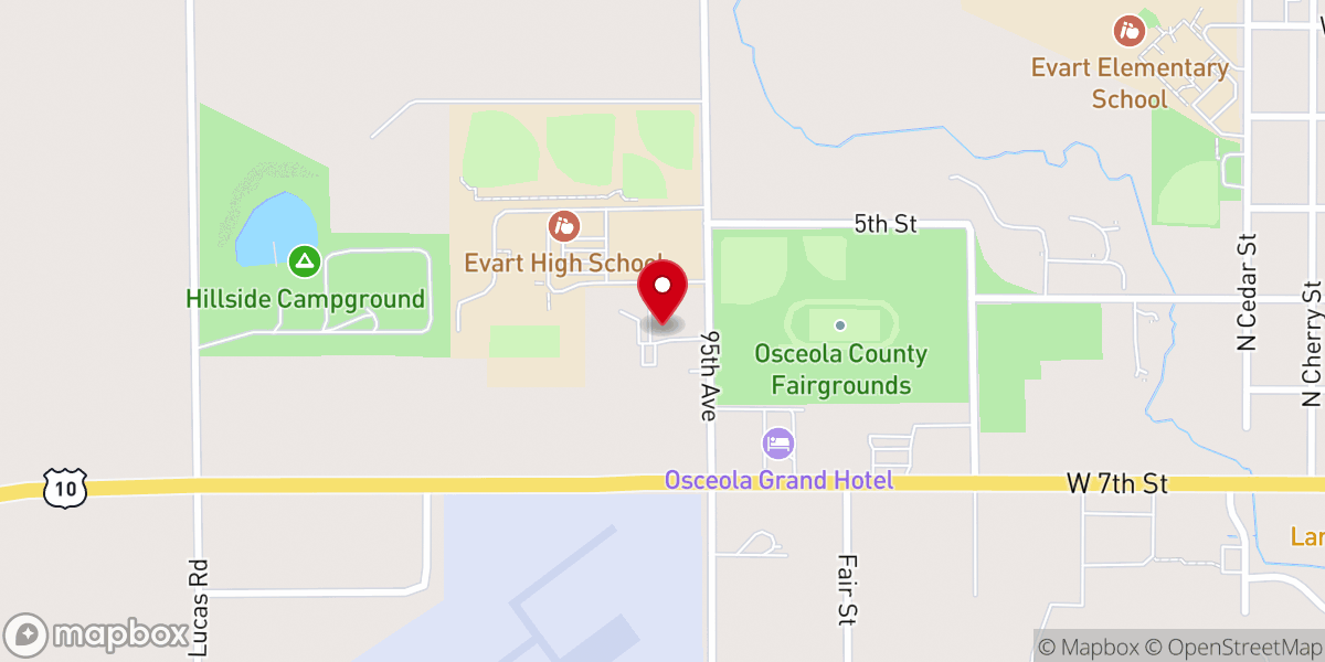 Map showing location of Evart Free Methodist Church