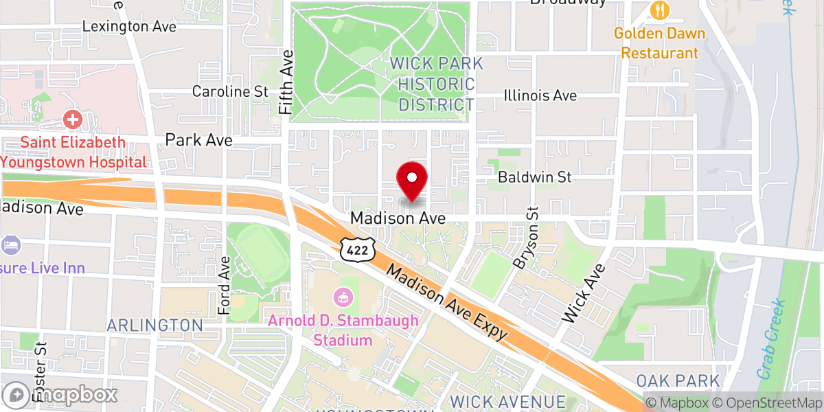 Map showing location of St. John Henry Newman Center at YSU