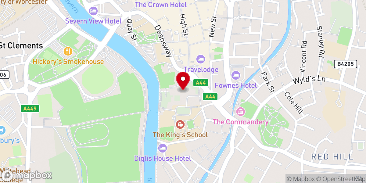 Map showing location of Worcester Cathedral