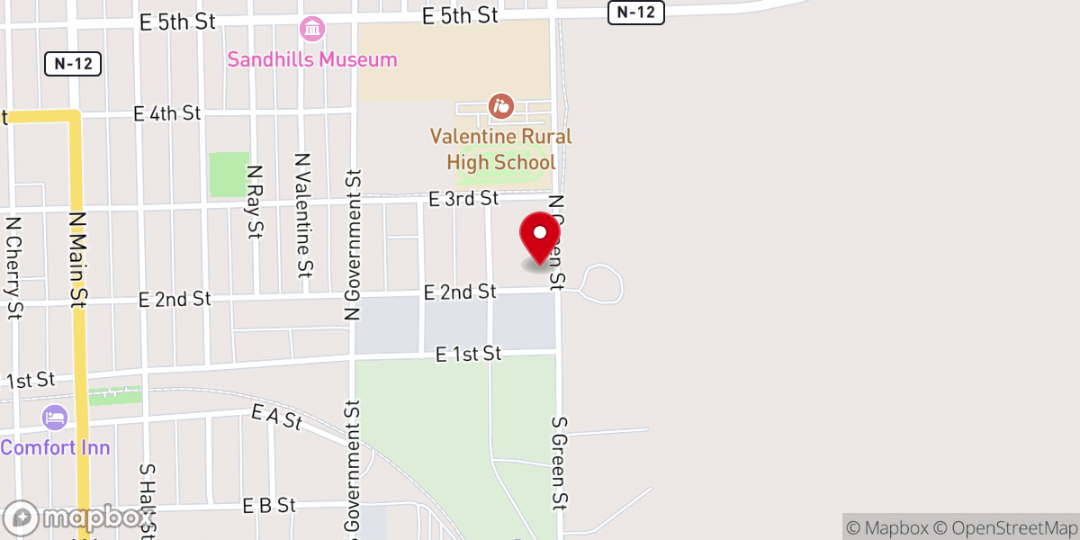 Map showing location of First Baptist Church of Valentine