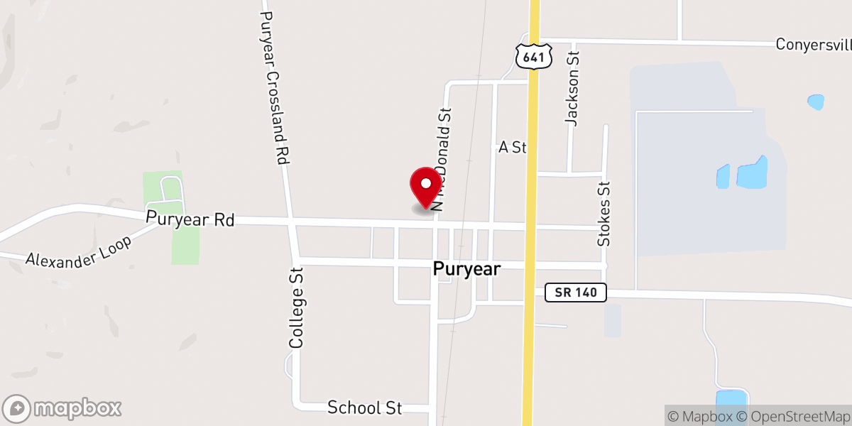 Map showing location of Puryear United Methodist Church