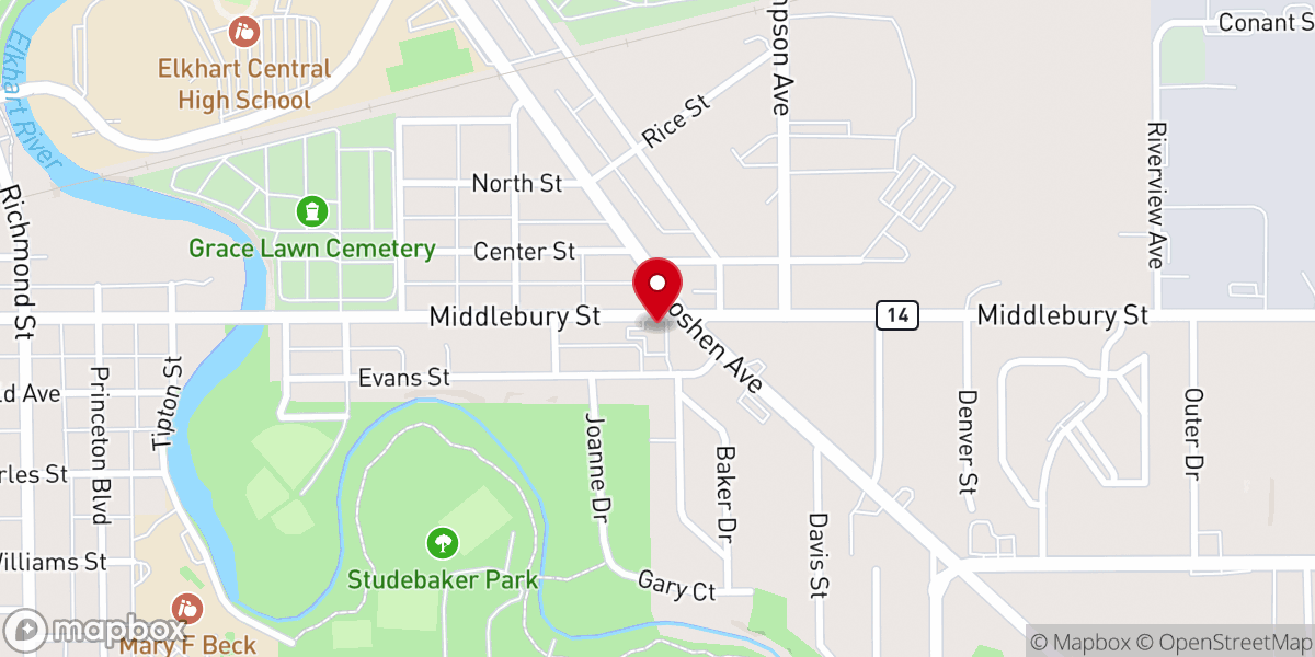 Map showing location of Elkhart Life Church