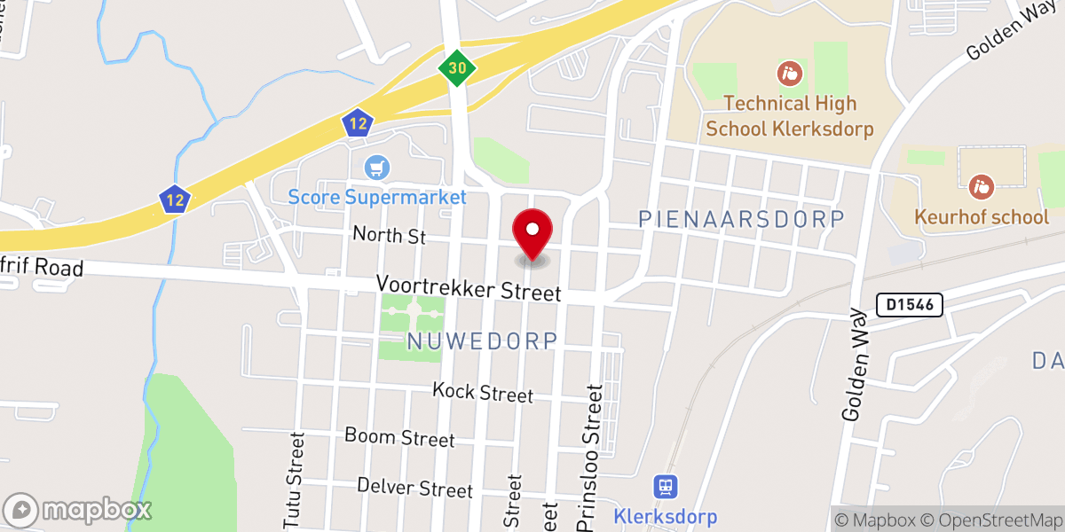 Map showing location of Klerksdorp Gospel Believers church