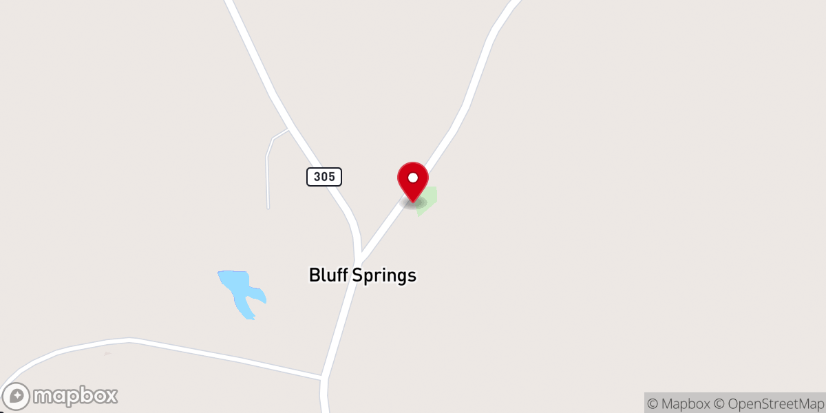 Map showing location of Bluff Springs Baptist Church