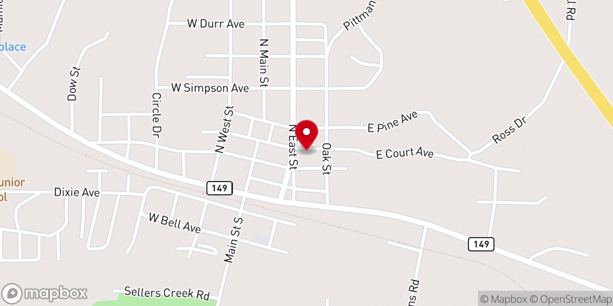 Map showing location of First Baptist Church of Mendenhall