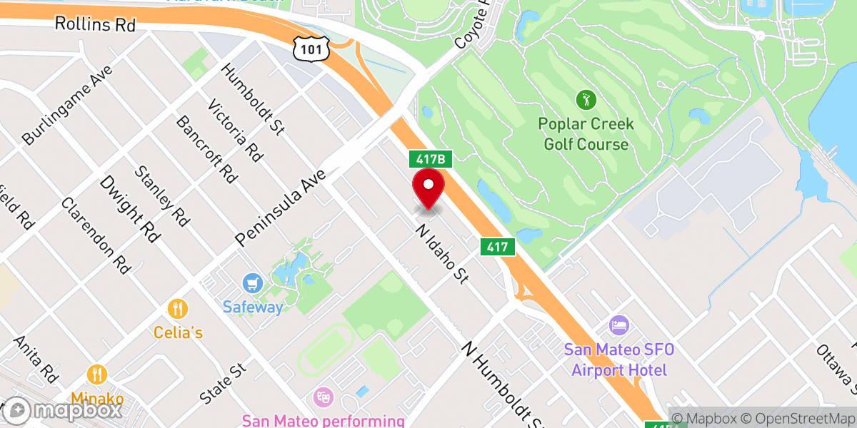 Map showing location of Kingdom Hall of Jehovah's Witnesses--Coyote Point, San Mateo, & Burlingame Spanish