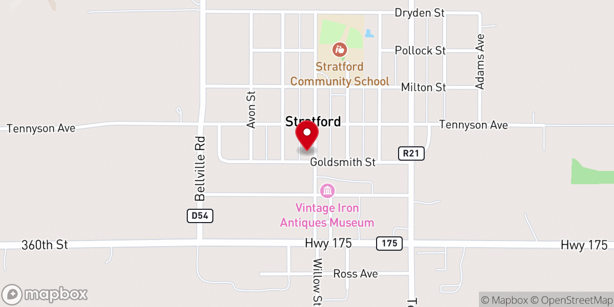 Map showing location of Stratford City Hall