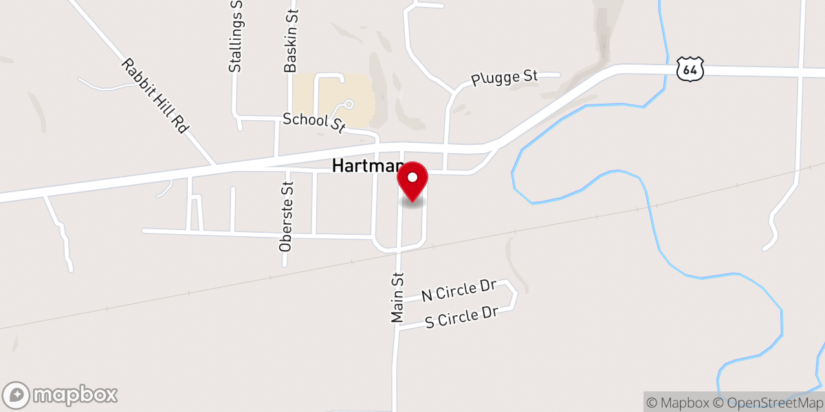 Map showing location of First Baptist Church of Hartman