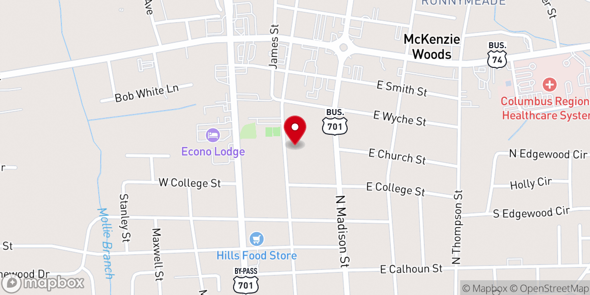 Map showing location of Whiteville Church of God