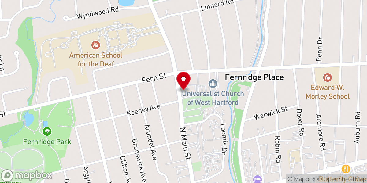 Map showing location of First Baptist Church of West Hartford